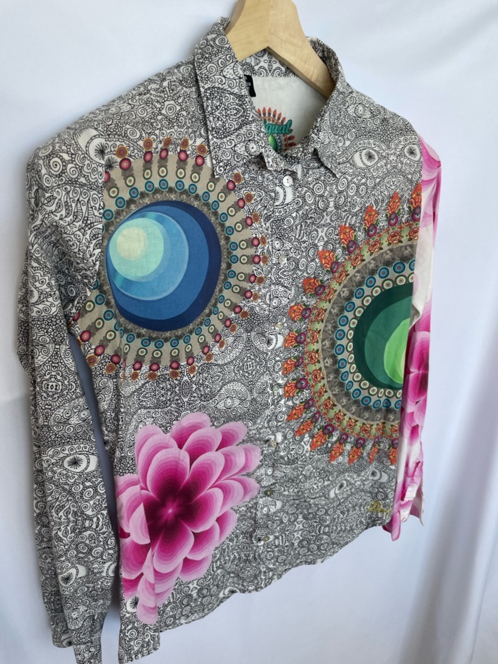 Desigual Multicolor Mandala & Floral Print Shirt - Pink, Blue, Green Size M